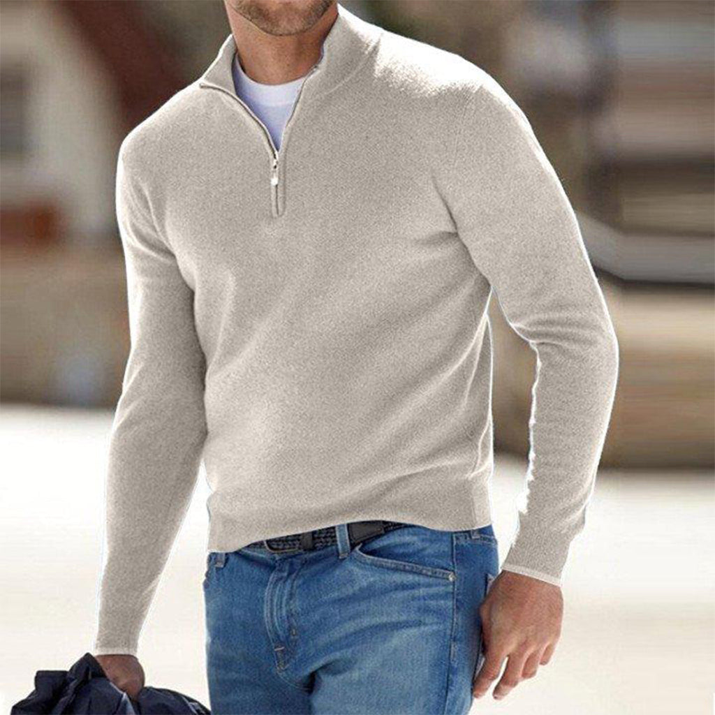 Quarter-Zip Jumper Knitted Grey Men's Long Sleeve Mock Neck – Casual, Office, Gift