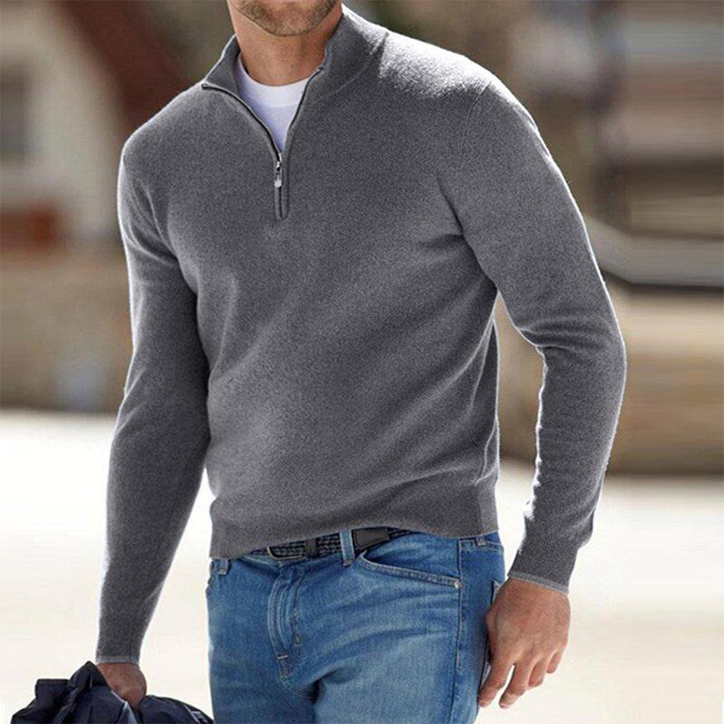 Quarter-Zip Jumper Knitted Grey Men's Long Sleeve Mock Neck – Casual, Office, Gift
