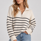 Quarter Zip Knit Sweater Black White Striped Women's Ribbed Pullover – Casual, Office, Everyday, Gift