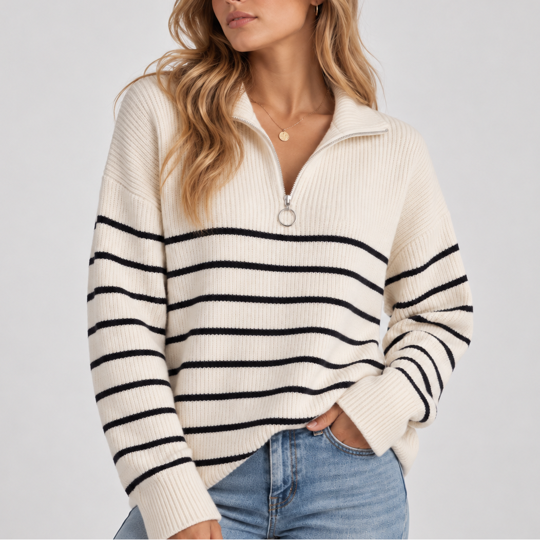 Quarter Zip Knit Sweater Black White Striped Women's Ribbed Pullover – Casual, Office, Everyday, Gift