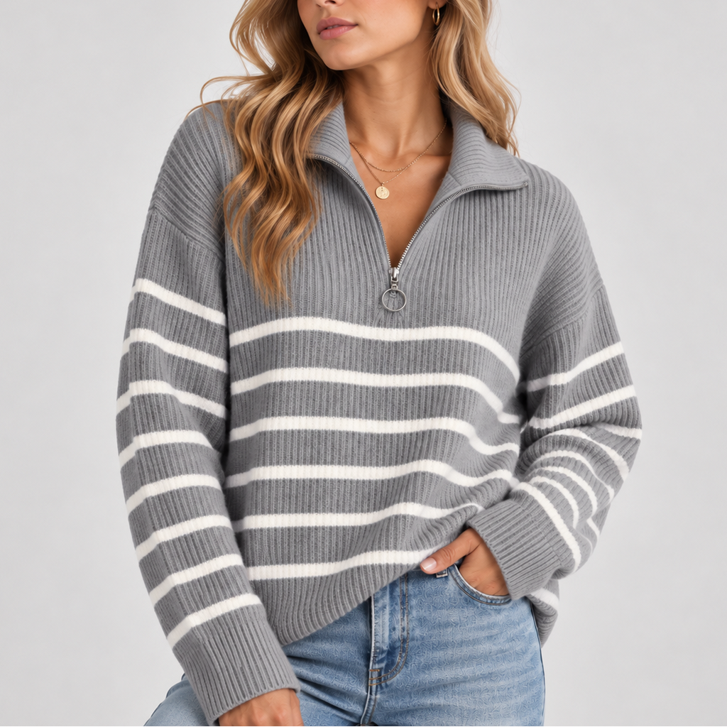 Quarter Zip Knit Sweater Black White Striped Women's Ribbed Pullover – Casual, Office, Everyday, Gift