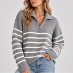 Quarter Zip Knit Sweater Black White Striped Women's Ribbed Pullover – Casual, Office, Everyday, Gift