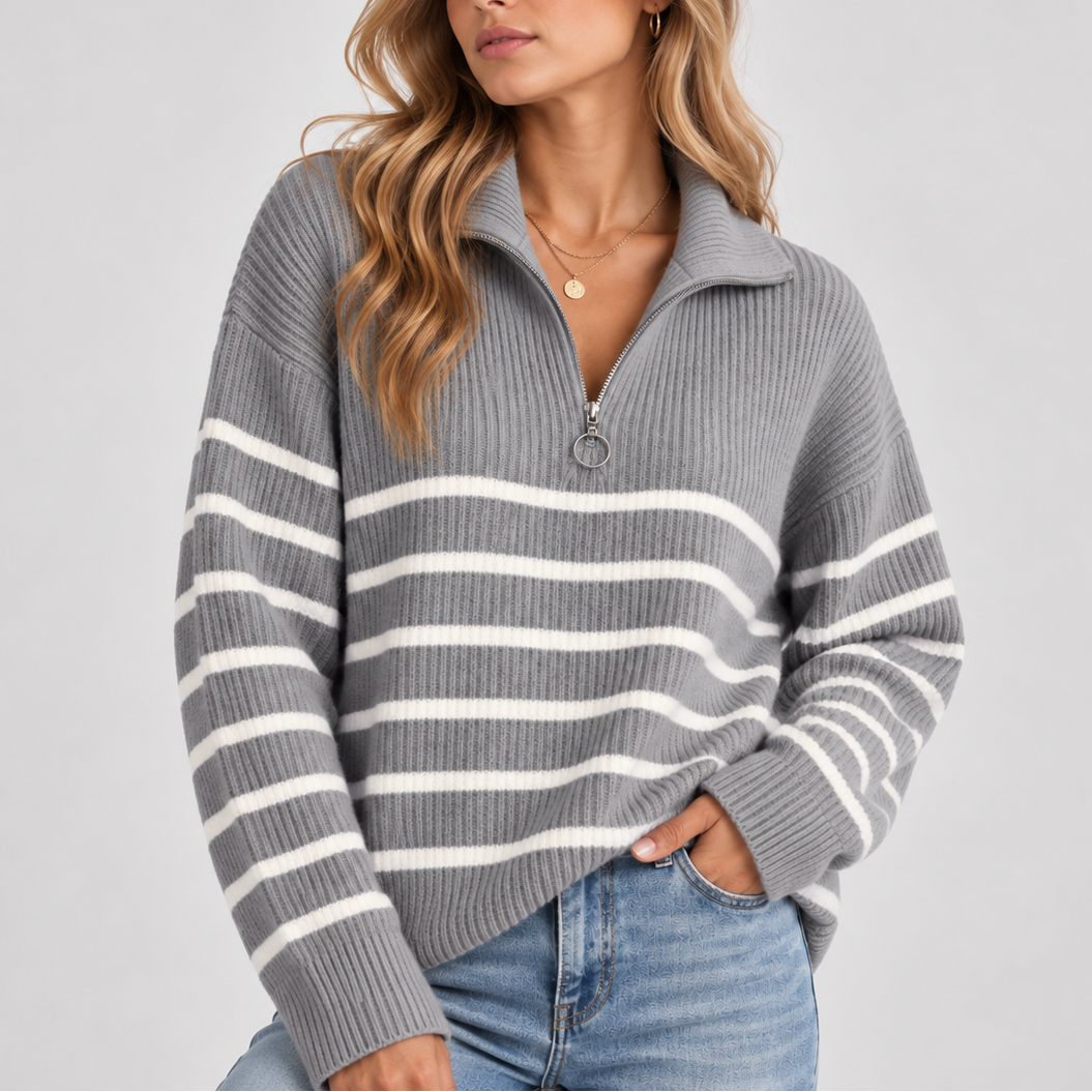 Quarter Zip Knit Sweater Black White Striped Women's Ribbed Pullover – Casual, Office, Everyday, Gift