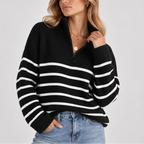 Quarter Zip Knit Sweater Black White Striped Women's Ribbed Pullover – Casual, Office, Everyday, Gift