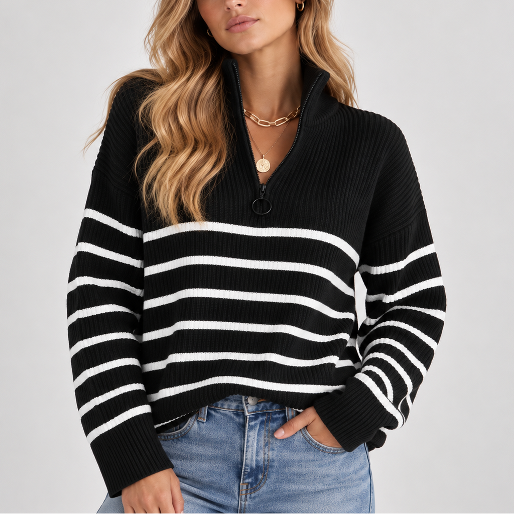 Quarter Zip Knit Sweater Black White Striped Women's Ribbed Pullover – Casual, Office, Everyday, Gift