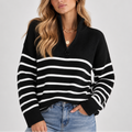 Quarter Zip Knit Sweater Black White Striped Women's Ribbed Pullover – Casual, Office, Everyday, Gift