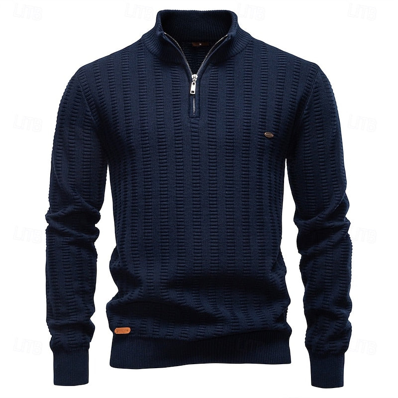 Quarter-Zip Knitted Sweater Men's Textured Olive Green Pullover – Casual, Office, Gift