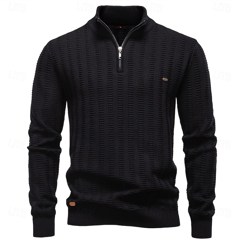 Quarter-Zip Knitted Sweater Men's Textured Olive Green Pullover – Casual, Office, Gift