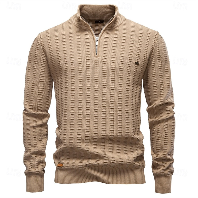 Quarter-Zip Knitted Sweater Men's Textured Olive Green Pullover – Casual, Office, Gift