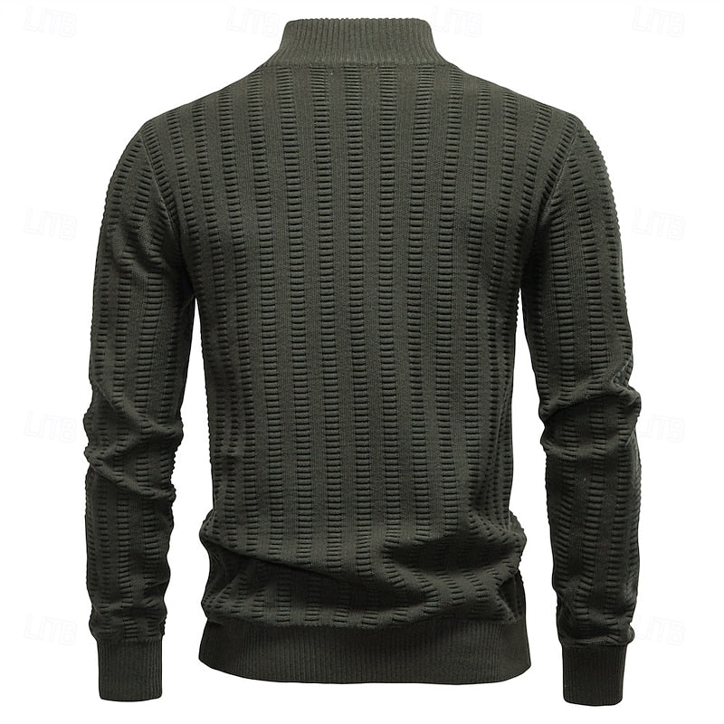 Quarter-Zip Knitted Sweater Men's Textured Olive Green Pullover – Casual, Office, Gift