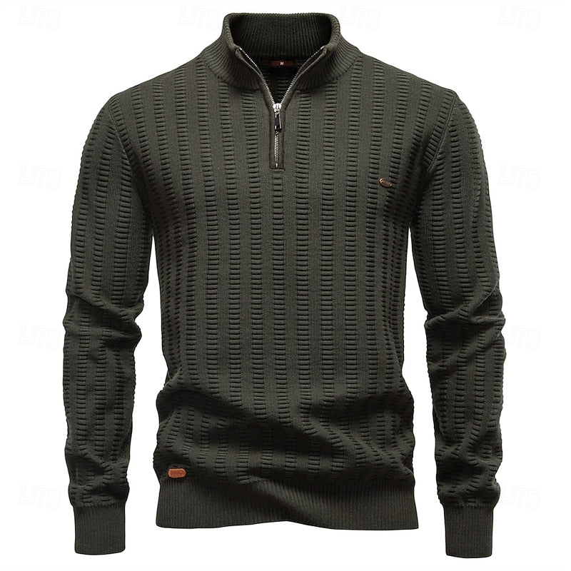 Quarter-Zip Knitted Sweater Men's Textured Olive Green Pullover – Casual, Office, Gift