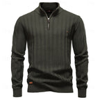 Quarter-Zip Knitted Sweater Men's Textured Olive Green Pullover – Casual, Office, Gift