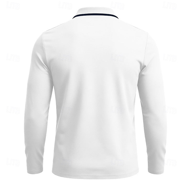 Quarter-Zip Polo Shirt Long Sleeve Men's White Chest Pocket Collared Top – Casual, Office, Gift