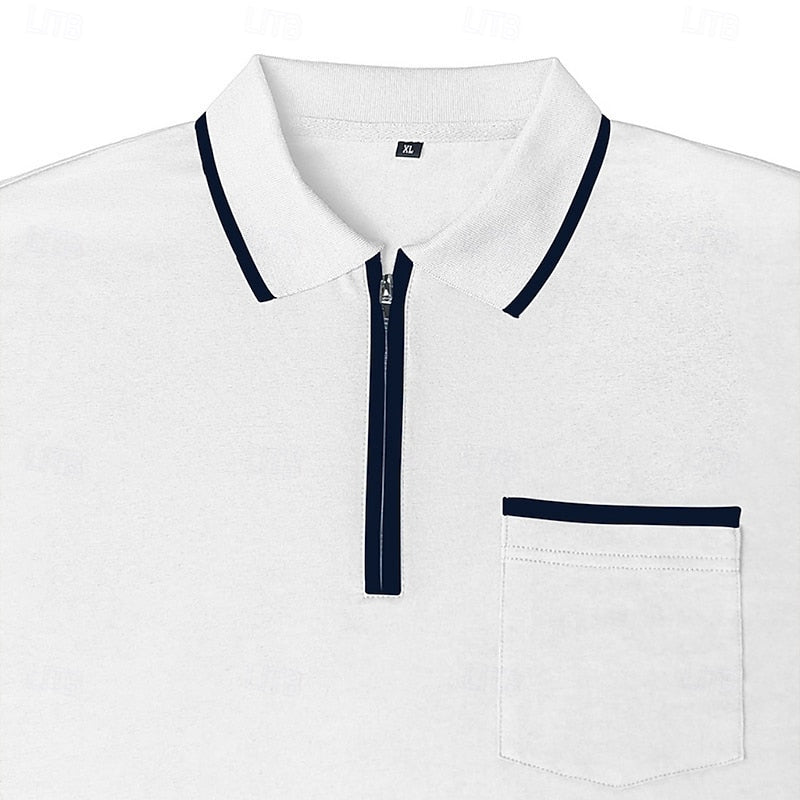 Quarter-Zip Polo Shirt Long Sleeve Men's White Chest Pocket Collared Top – Casual, Office, Gift