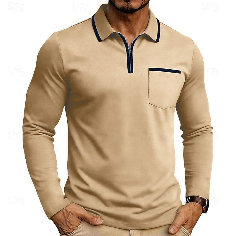 Quarter-Zip Polo Shirt Long Sleeve Men's White Chest Pocket Collared Top – Casual, Office, Gift