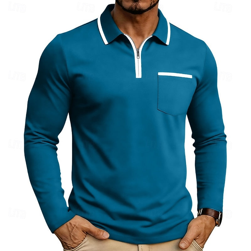 Quarter-Zip Polo Shirt Long Sleeve Men's White Chest Pocket Collared Top – Casual, Office, Gift