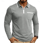 Quarter-Zip Polo Shirt Long Sleeve Men's White Chest Pocket Collared Top – Casual, Office, Gift