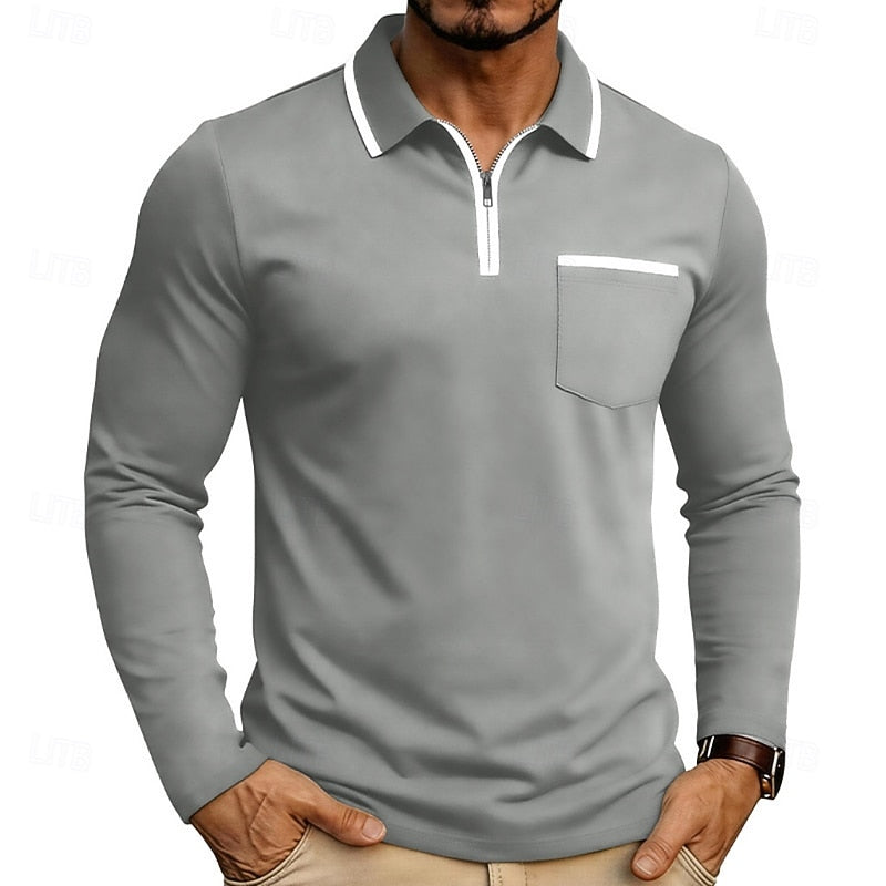 Quarter-Zip Polo Shirt Long Sleeve Men's White Chest Pocket Collared Top – Casual, Office, Gift