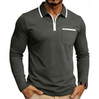Quarter-Zip Polo Shirt Long Sleeve Men's White Chest Pocket Collared Top – Casual, Office, Gift