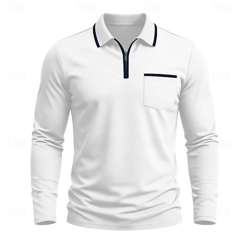 Quarter-Zip Polo Shirt Long Sleeve Men's White Chest Pocket Collared Top – Casual, Office, Gift