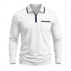 Quarter-Zip Polo Shirt Long Sleeve Men's White Chest Pocket Collared Top – Casual, Office, Gift