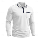Quarter-Zip Polo Shirt Long Sleeve Men's White Chest Pocket Collared Top – Casual, Office, Gift