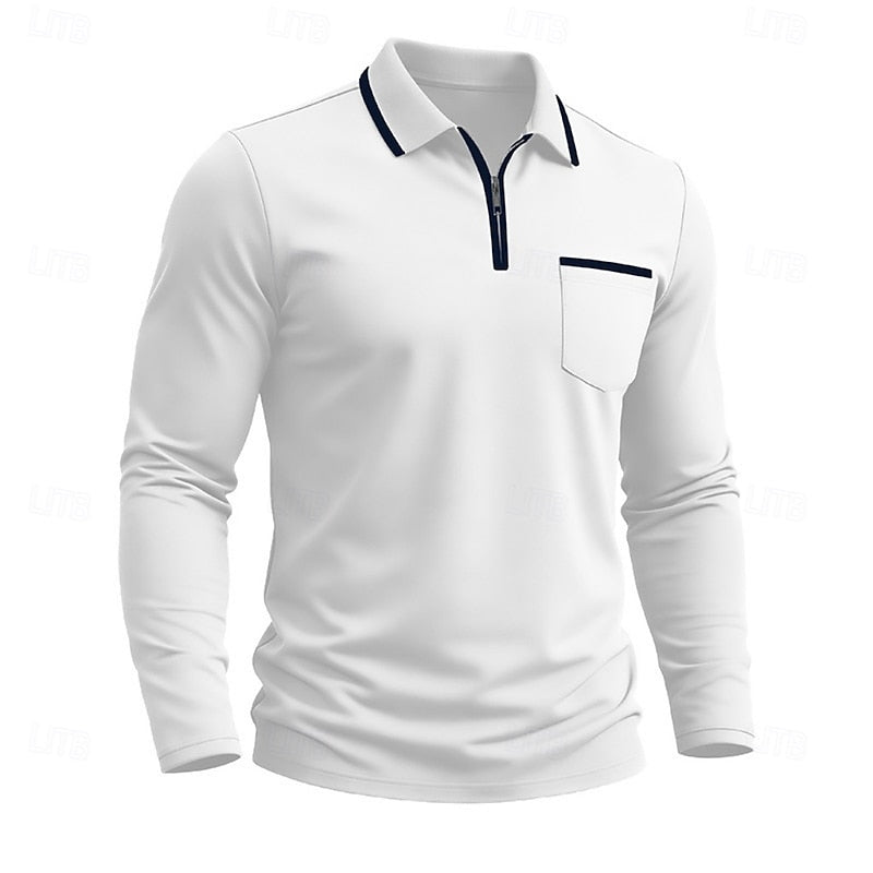 Quarter-Zip Polo Shirt Long Sleeve Men's White Chest Pocket Collared Top – Casual, Office, Gift