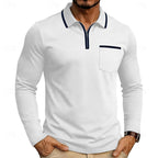 Quarter-Zip Polo Shirt Long Sleeve Men's White Chest Pocket Collared Top – Casual, Office, Gift
