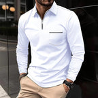 Quarter-Zip Polo Shirt Men's Navy Long Sleeve Collared Top with Chest Pocket – Casual, Office, Smart Wear