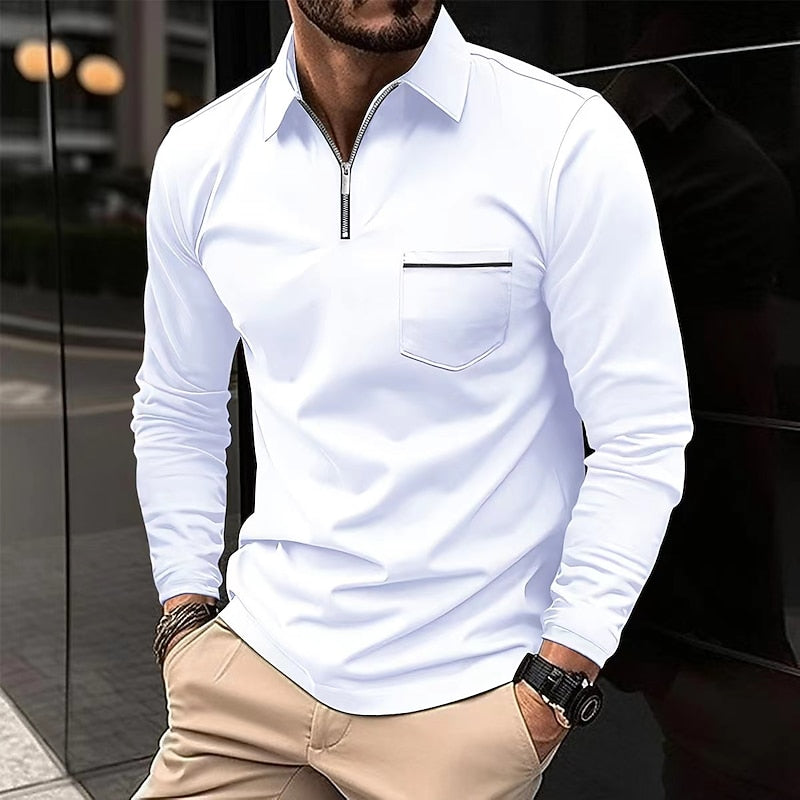 Quarter-Zip Polo Shirt Men's Navy Long Sleeve Collared Top with Chest Pocket – Casual, Office, Smart Wear