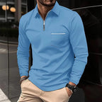 Quarter-Zip Polo Shirt Men's Navy Long Sleeve Collared Top with Chest Pocket – Casual, Office, Smart Wear