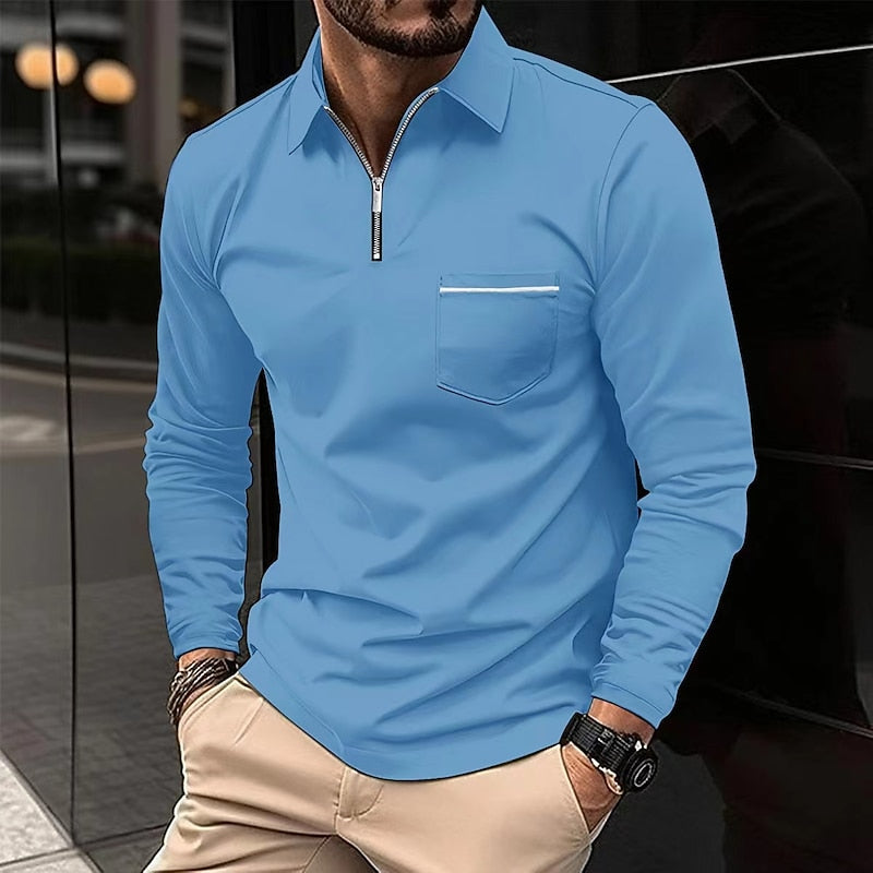 Quarter-Zip Polo Shirt Men's Navy Long Sleeve Collared Top with Chest Pocket – Casual, Office, Smart Wear