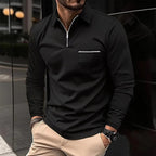 Quarter-Zip Polo Shirt Men's Navy Long Sleeve Collared Top with Chest Pocket – Casual, Office, Smart Wear