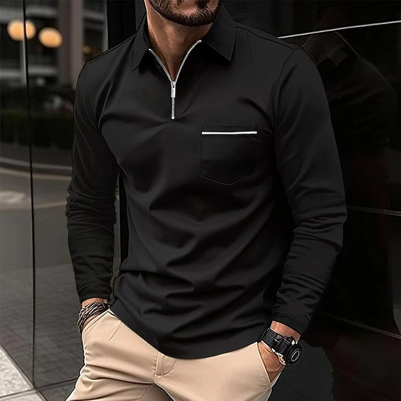 Quarter-Zip Polo Shirt Men's Navy Long Sleeve Collared Top with Chest Pocket – Casual, Office, Smart Wear