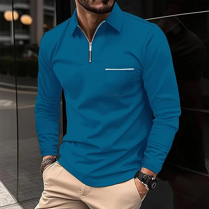 Quarter-Zip Polo Shirt Men's Navy Long Sleeve Collared Top with Chest Pocket – Casual, Office, Smart Wear
