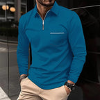 Quarter-Zip Polo Shirt Men's Navy Long Sleeve Collared Top with Chest Pocket – Casual, Office, Smart Wear