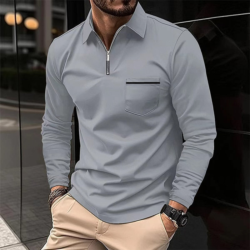 Quarter-Zip Polo Shirt Men's Navy Long Sleeve Collared Top with Chest Pocket – Casual, Office, Smart Wear