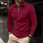 Quarter-Zip Polo Shirt Men's Navy Long Sleeve Collared Top with Chest Pocket – Casual, Office, Smart Wear