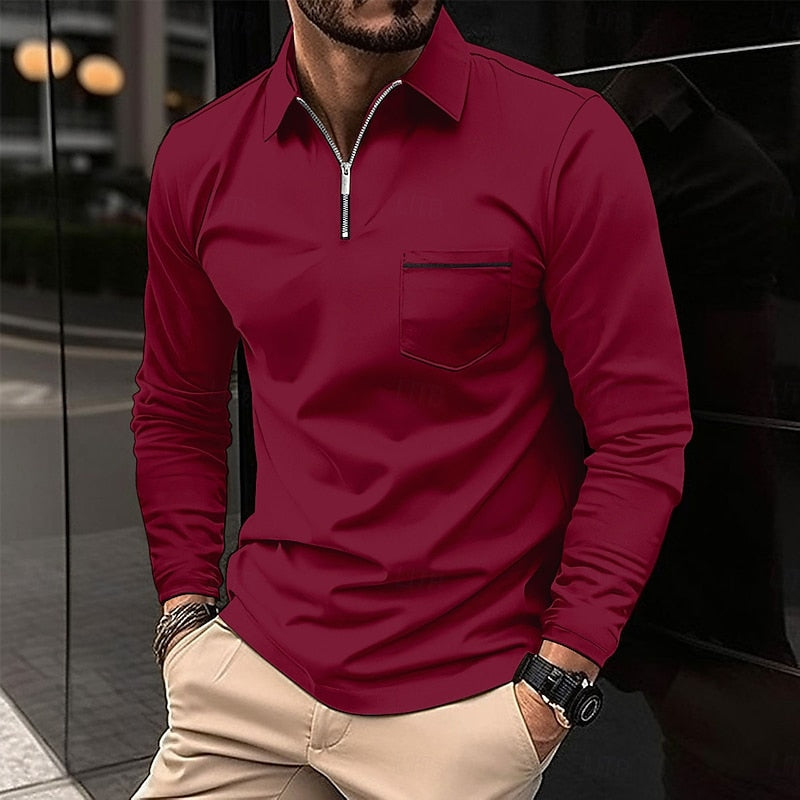 Quarter-Zip Polo Shirt Men's Navy Long Sleeve Collared Top with Chest Pocket – Casual, Office, Smart Wear