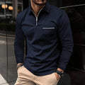 Quarter-Zip Polo Shirt Men's Navy Long Sleeve Collared Top with Chest Pocket – Casual, Office, Smart Wear