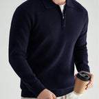 Quarter-Zip Polo Sweater Knitted Black Men's Long Sleeve Collared Jumper – Casual, Office