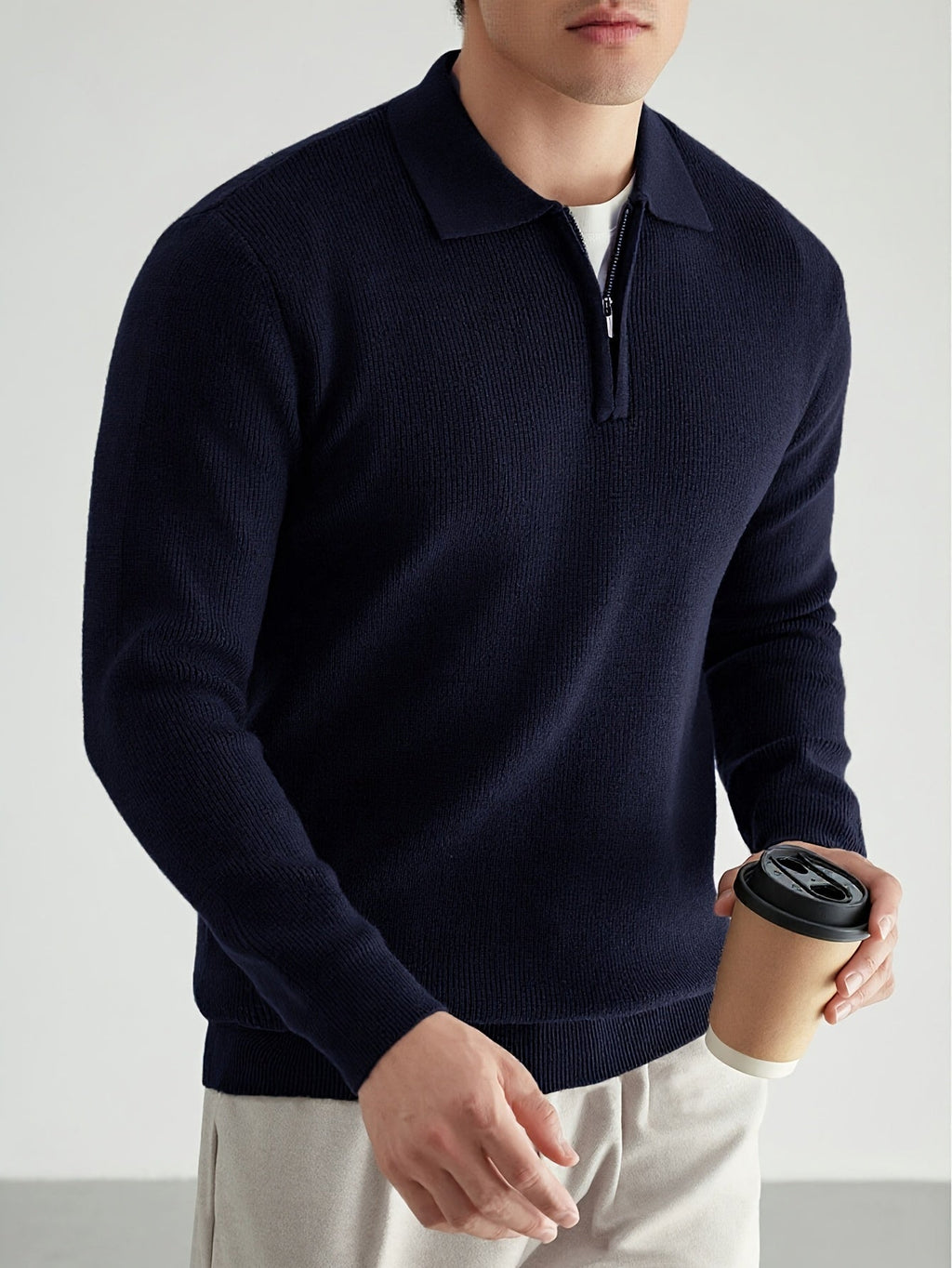 Quarter-Zip Polo Sweater Knitted Black Men's Long Sleeve Collared Jumper – Casual, Office