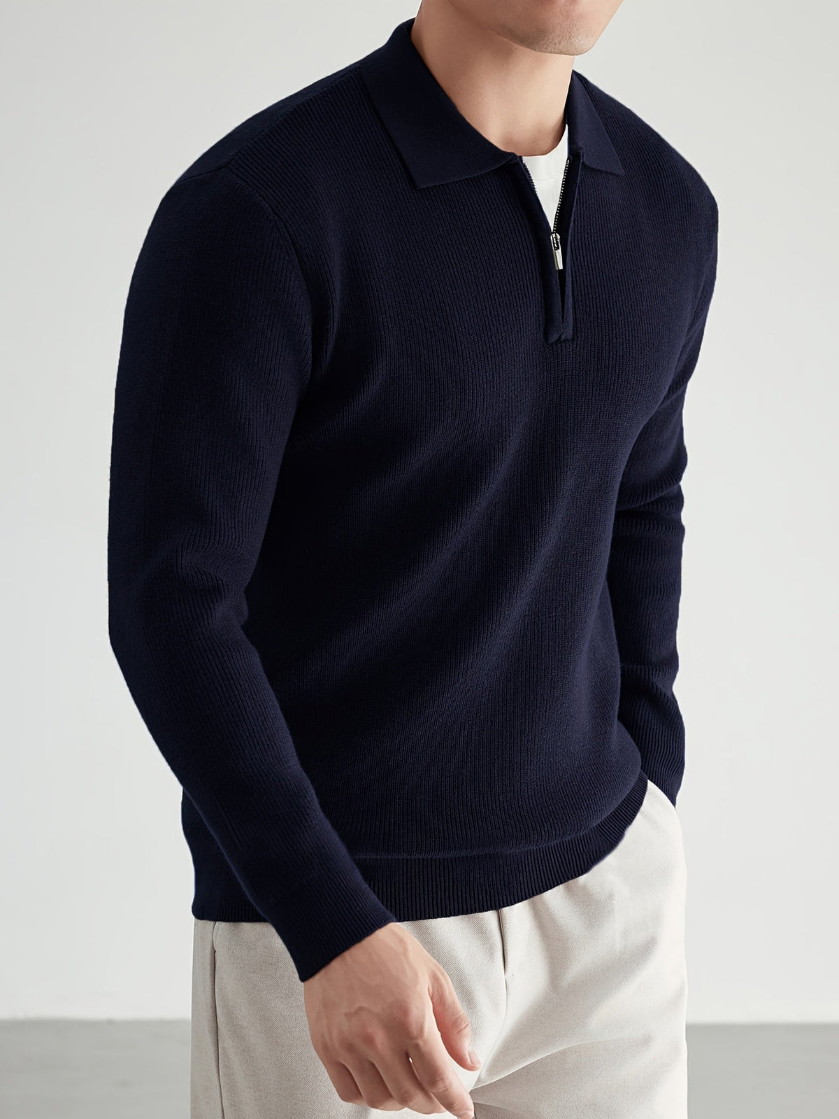 Quarter-Zip Polo Sweater Knitted Black Men's Long Sleeve Collared Jumper – Casual, Office