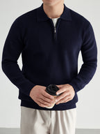 Quarter-Zip Polo Sweater Knitted Black Men's Long Sleeve Collared Jumper – Casual, Office