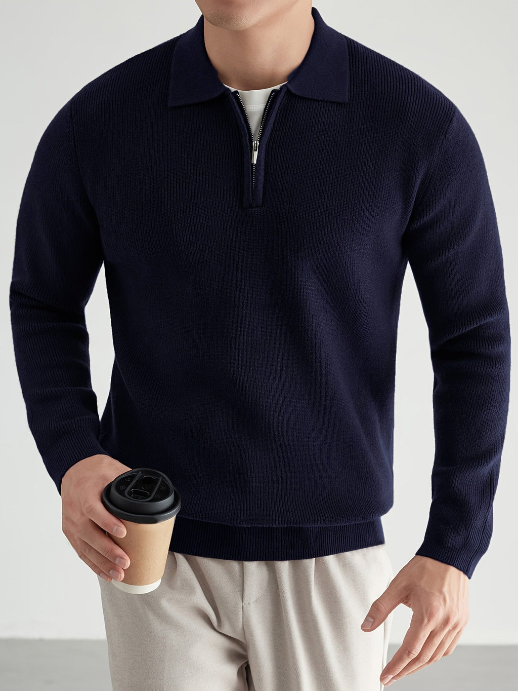 Quarter-Zip Polo Sweater Knitted Black Men's Long Sleeve Collared Jumper – Casual, Office