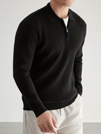 Quarter-Zip Polo Sweater Knitted Black Men's Long Sleeve Collared Jumper – Casual, Office