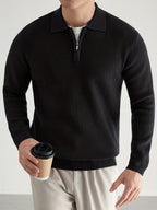 Quarter-Zip Polo Sweater Knitted Black Men's Long Sleeve Collared Jumper – Casual, Office