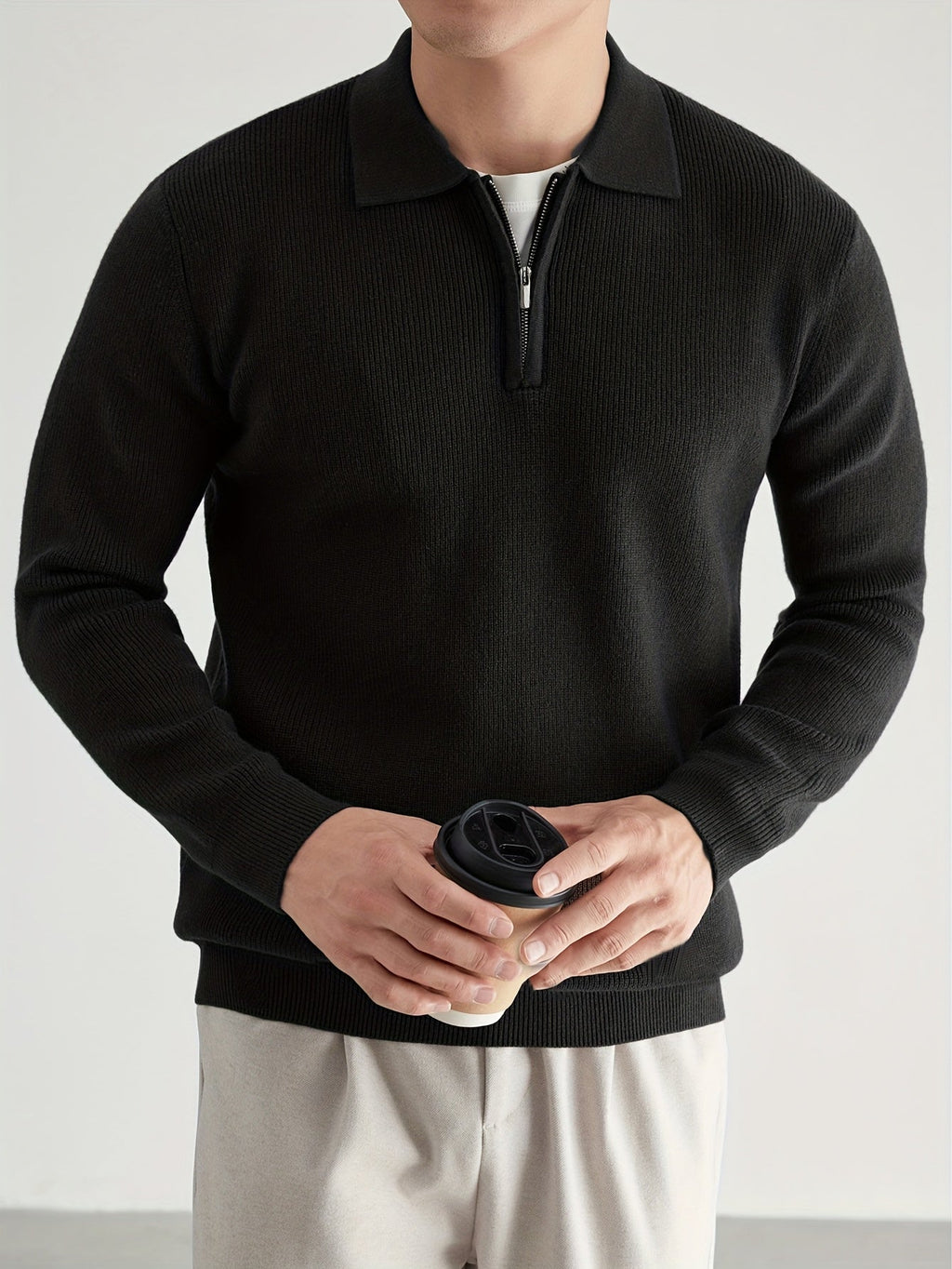 Quarter-Zip Polo Sweater Knitted Black Men's Long Sleeve Collared Jumper – Casual, Office