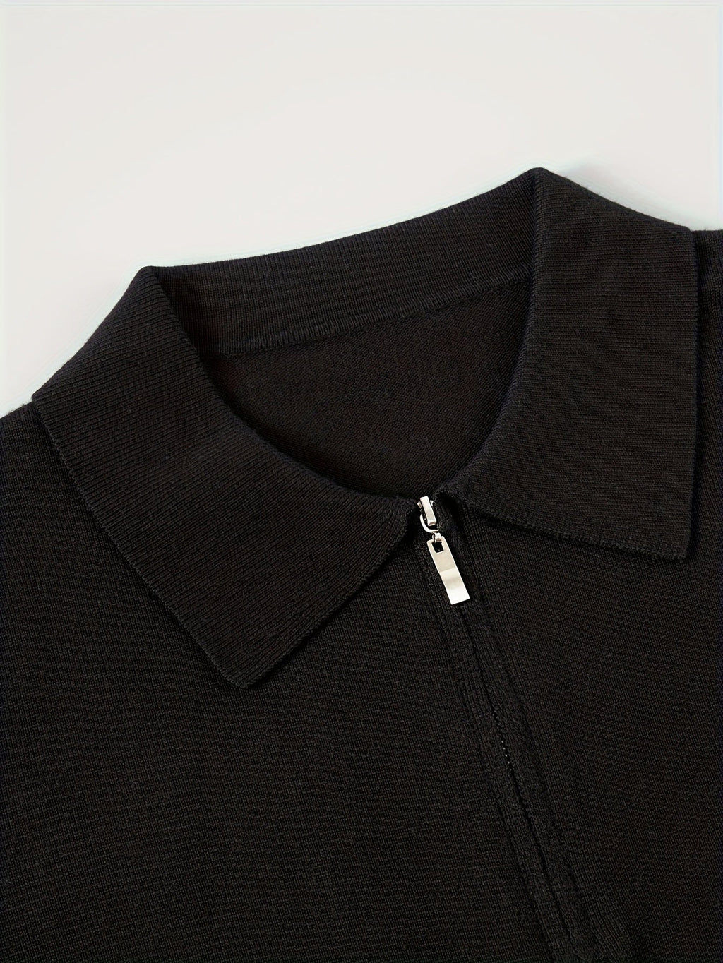 Quarter-Zip Polo Sweater Knitted Black Men's Long Sleeve Collared Jumper – Casual, Office