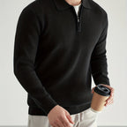 Quarter-Zip Polo Sweater Knitted Black Men's Long Sleeve Collared Jumper – Casual, Office